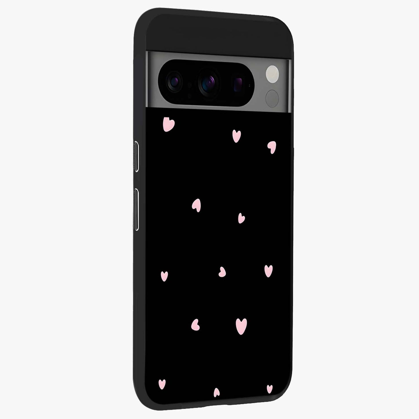 Pink Love Drops Glass Case upright view showcasing charming heart drop artwork with romantic playful theme.