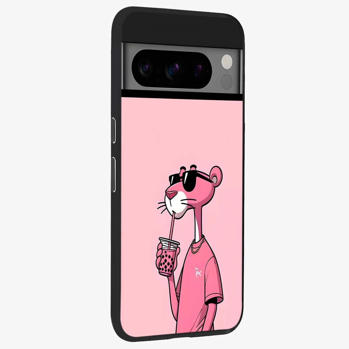 Pink Panther Glass Case upright view showcasing fun animated artwork with stylish retro cartoon theme.