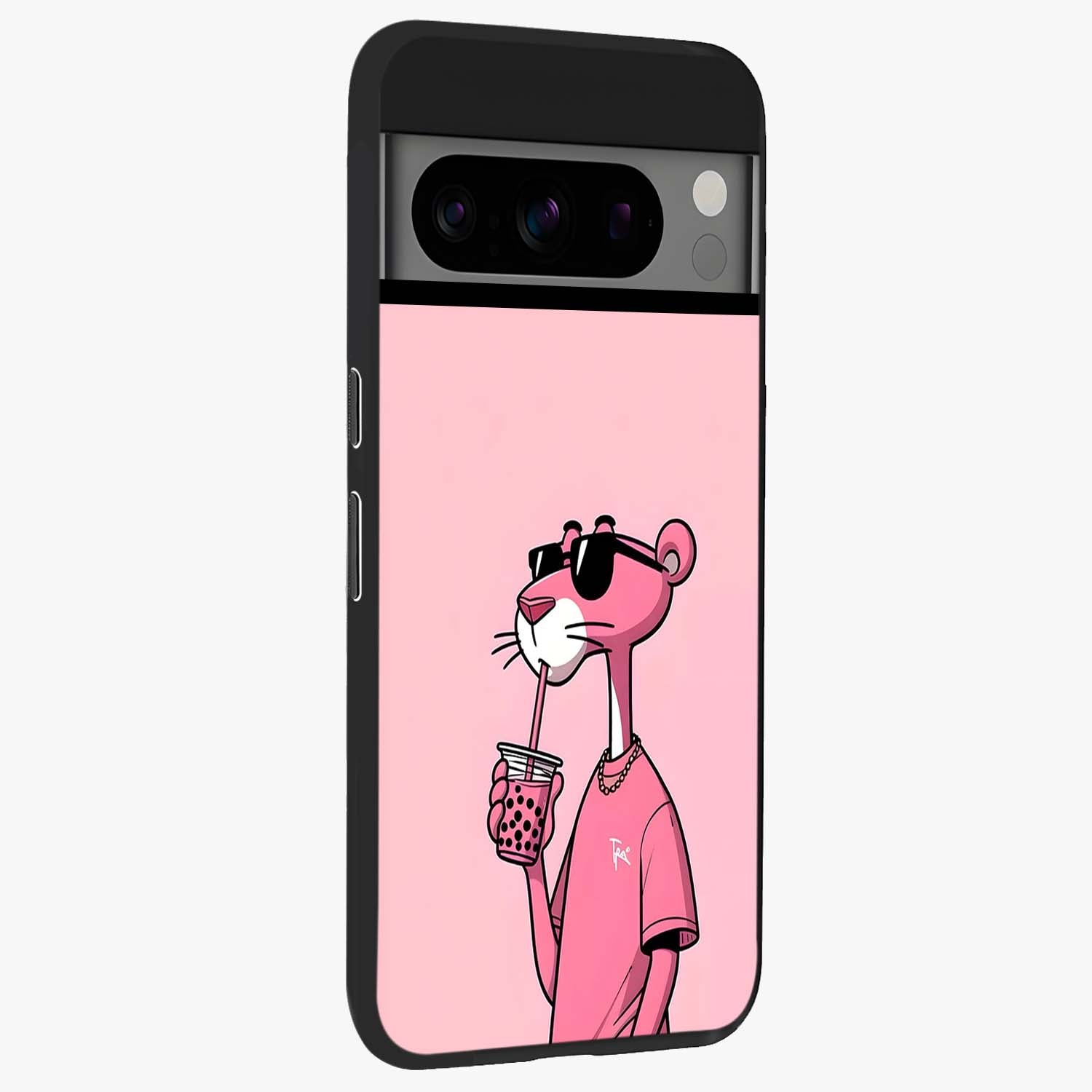 Pink Panther Glass Case upright view showcasing fun animated artwork with stylish retro cartoon theme.