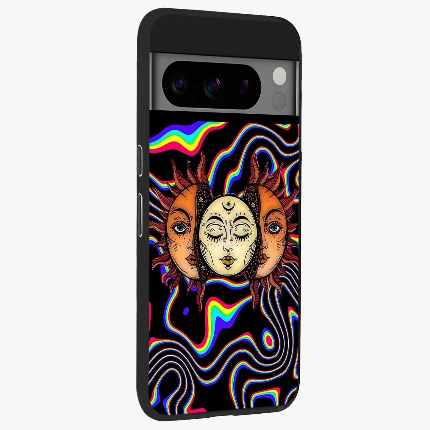 Psychedelic Sun Glass Case upright view showcasing trippy sun artwork with bold psychedelic theme.