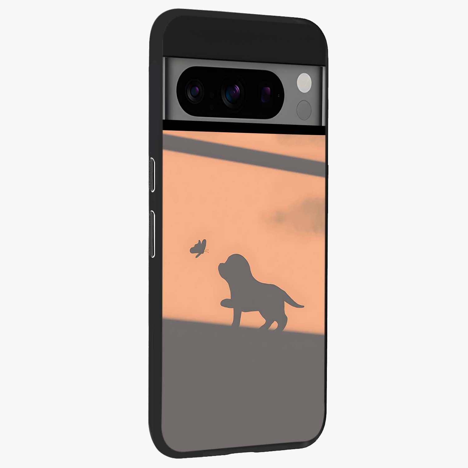 Puppy Shadow Art Glass Case upright view showcasing charming puppy artwork with creative silhouette theme.