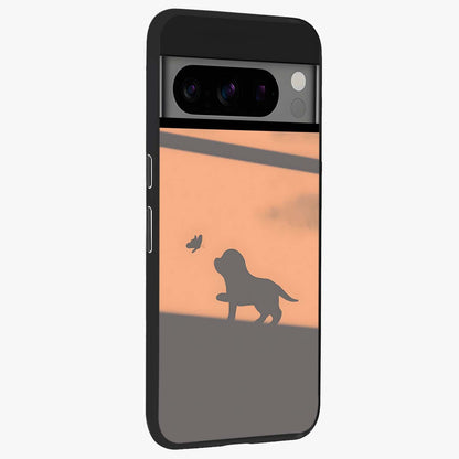Puppy Shadow Art Glass Case upright view showcasing charming puppy artwork with creative silhouette theme.