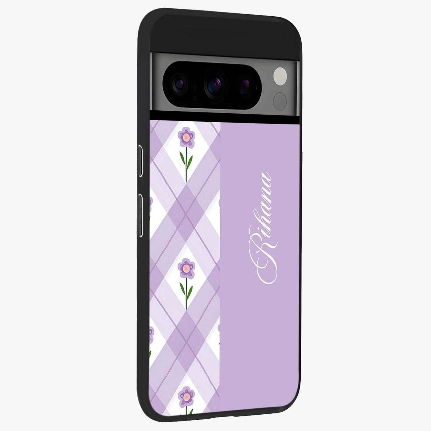Purple Diamond Floral Glass Case upright view showcasing vibrant floral artwork with stylish geometric theme.