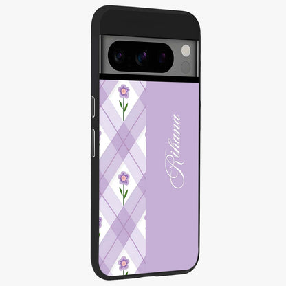 Purple Diamond Floral Glass Case upright view showcasing vibrant floral artwork with stylish geometric theme.