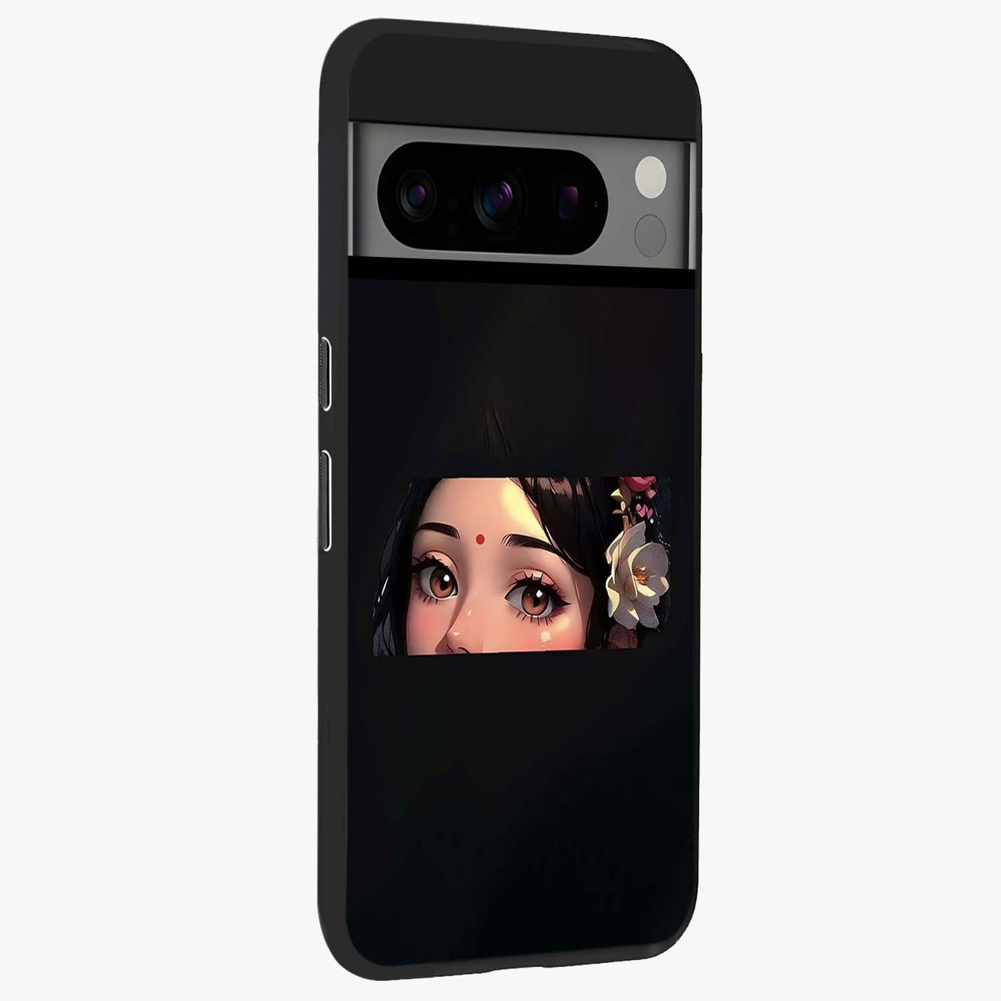 Radha Divine Embrace Glass Case upright view showcasing sacred Radha themed artwork with peaceful devotional style.