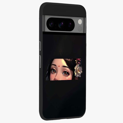 Radha Divine Embrace Glass Case upright view showcasing sacred Radha themed artwork with peaceful devotional style.