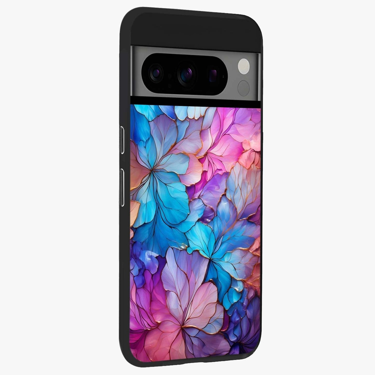 Radiant Floral Whirl Glass Case upright view showcasing lively floral artwork with decorative swirl theme.
