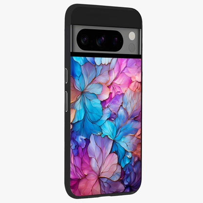 Radiant Floral Whirl Glass Case upright view showcasing lively floral artwork with decorative swirl theme.
