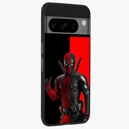 Red & Black Deadpool Theme Glass Case upright view showcasing energetic comic themed artwork with striking red and black design.