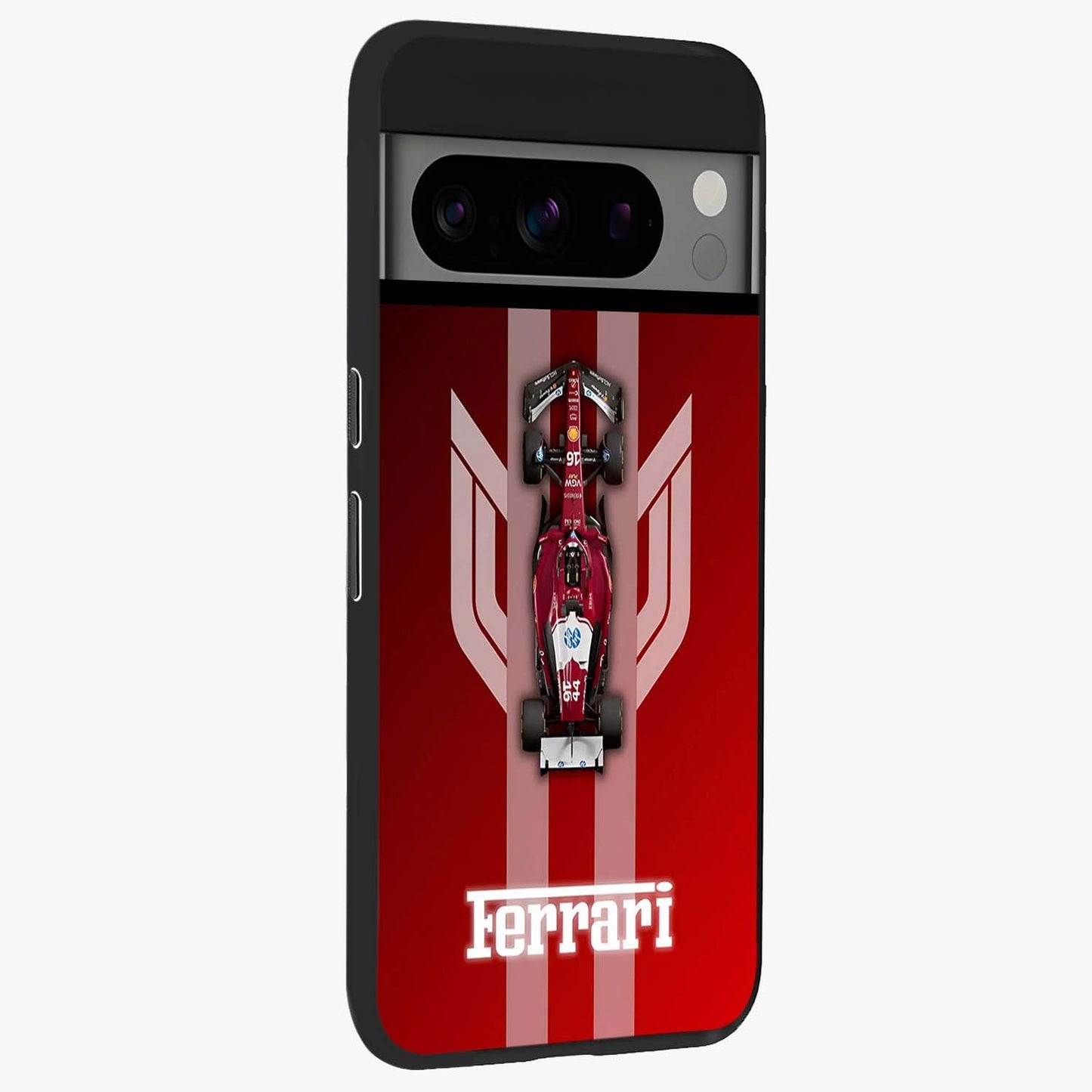 Red Ferrari F1 Vertical Glass Case upright view showcasing powerful Formula car artwork with dynamic motorsport theme.