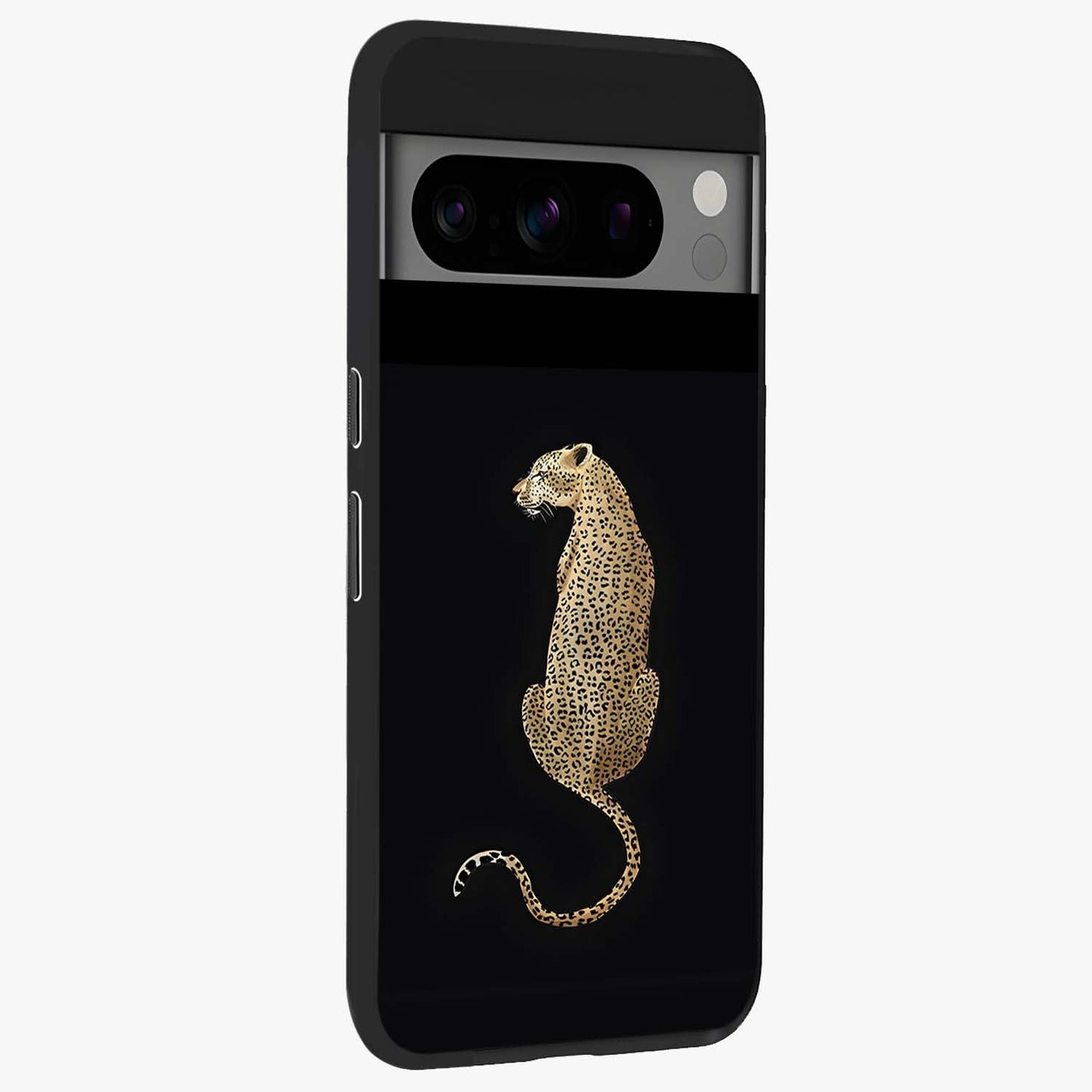 Regal Leopard Glass Case upright view showcasing striking leopard artwork with fierce wildlife theme.