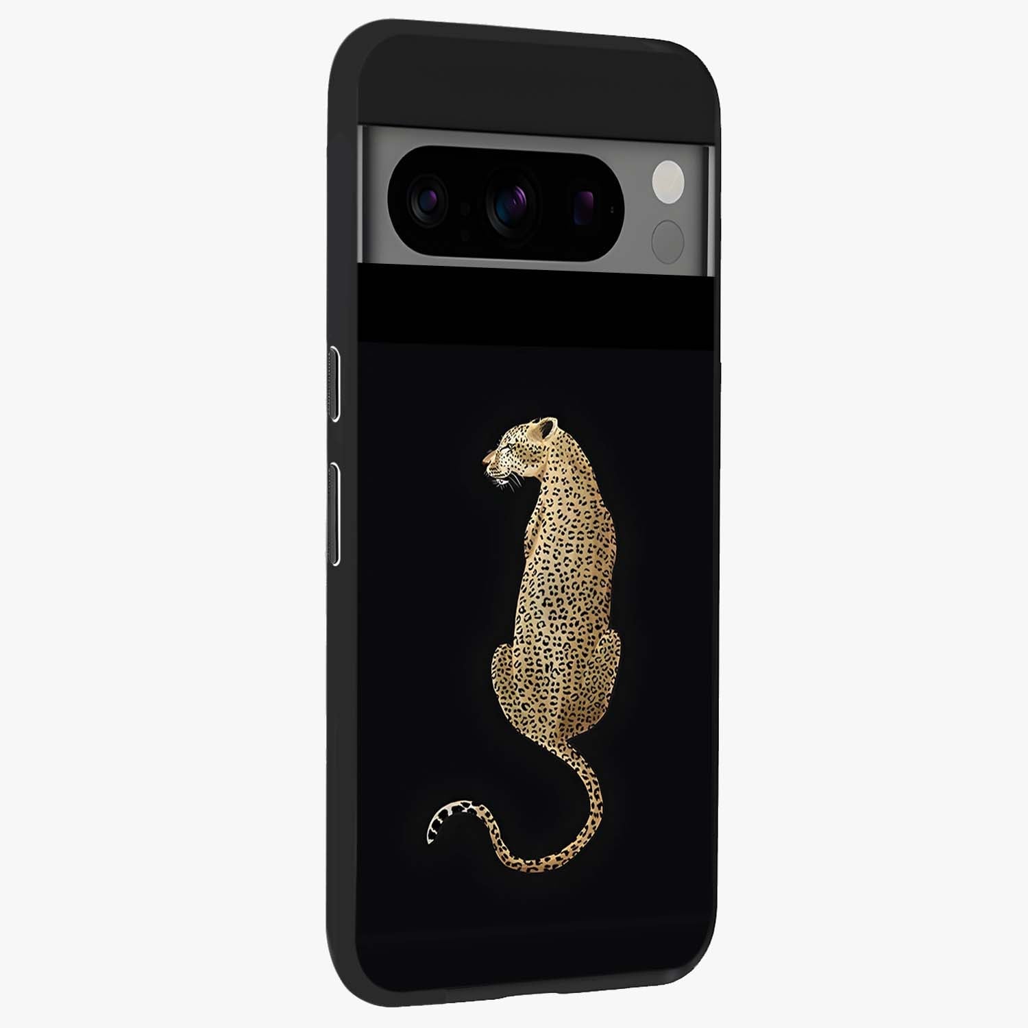 Regal Leopard Glass Case upright view showcasing striking leopard artwork with fierce wildlife theme.
