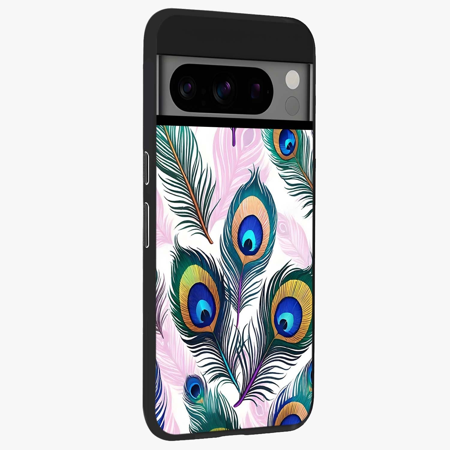 Royal Peacock Feathers Glass Case upright view showcasing elegant peacock feather artwork with decorative royal theme.