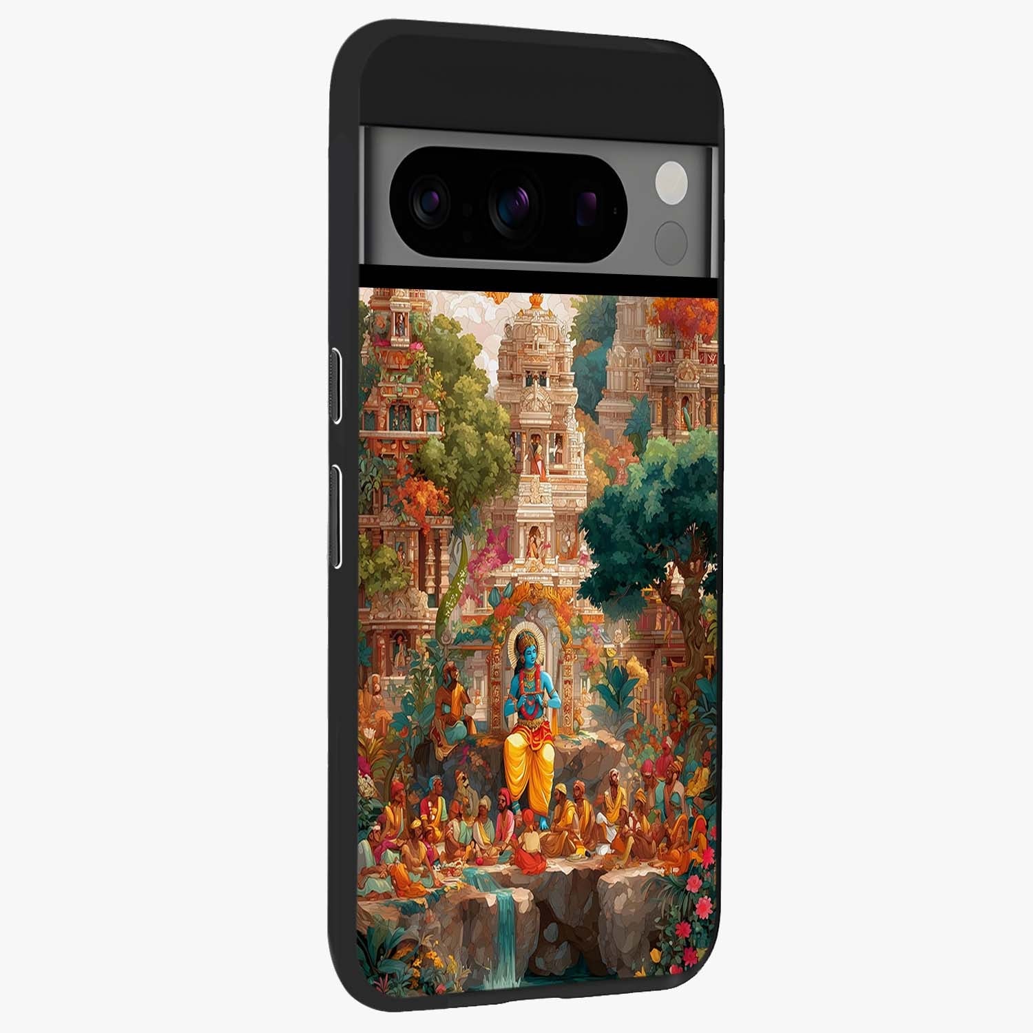 Sacred Sunlight Gods Glass Case upright view showcasing glowing divine artwork with sacred mythological theme.