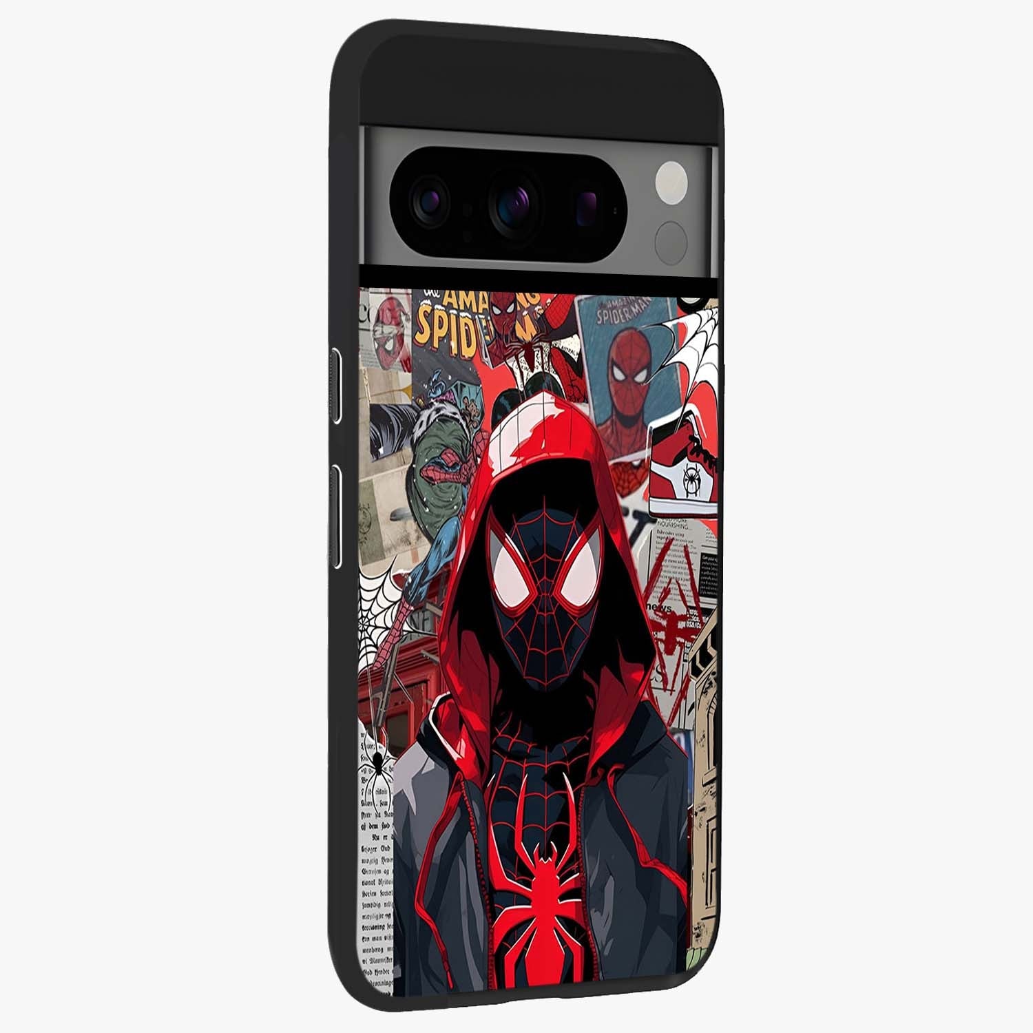 Spider Collage Street Glass Case upright view showcasing bold superhero artwork with urban street theme.