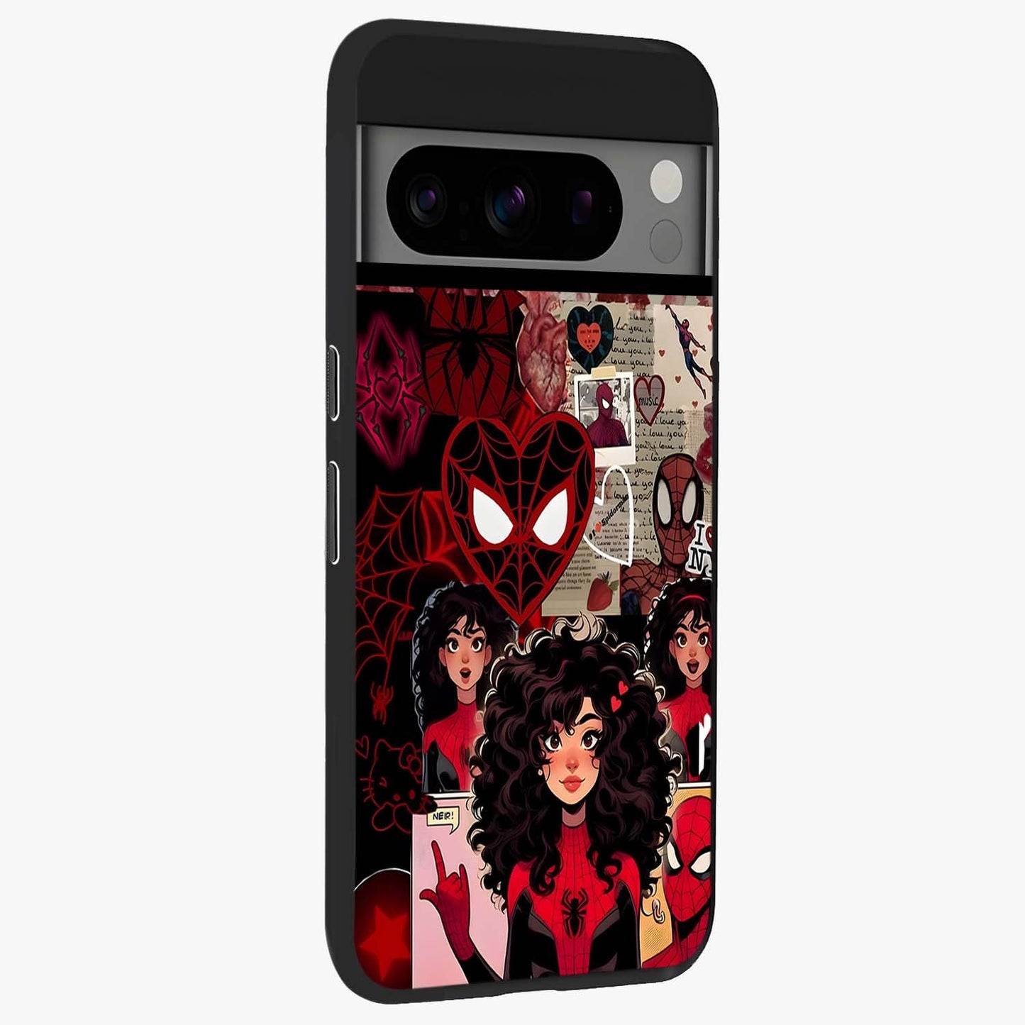 Spider Love Story Glass Case upright view showcasing charming superhero artwork with romantic comic theme.