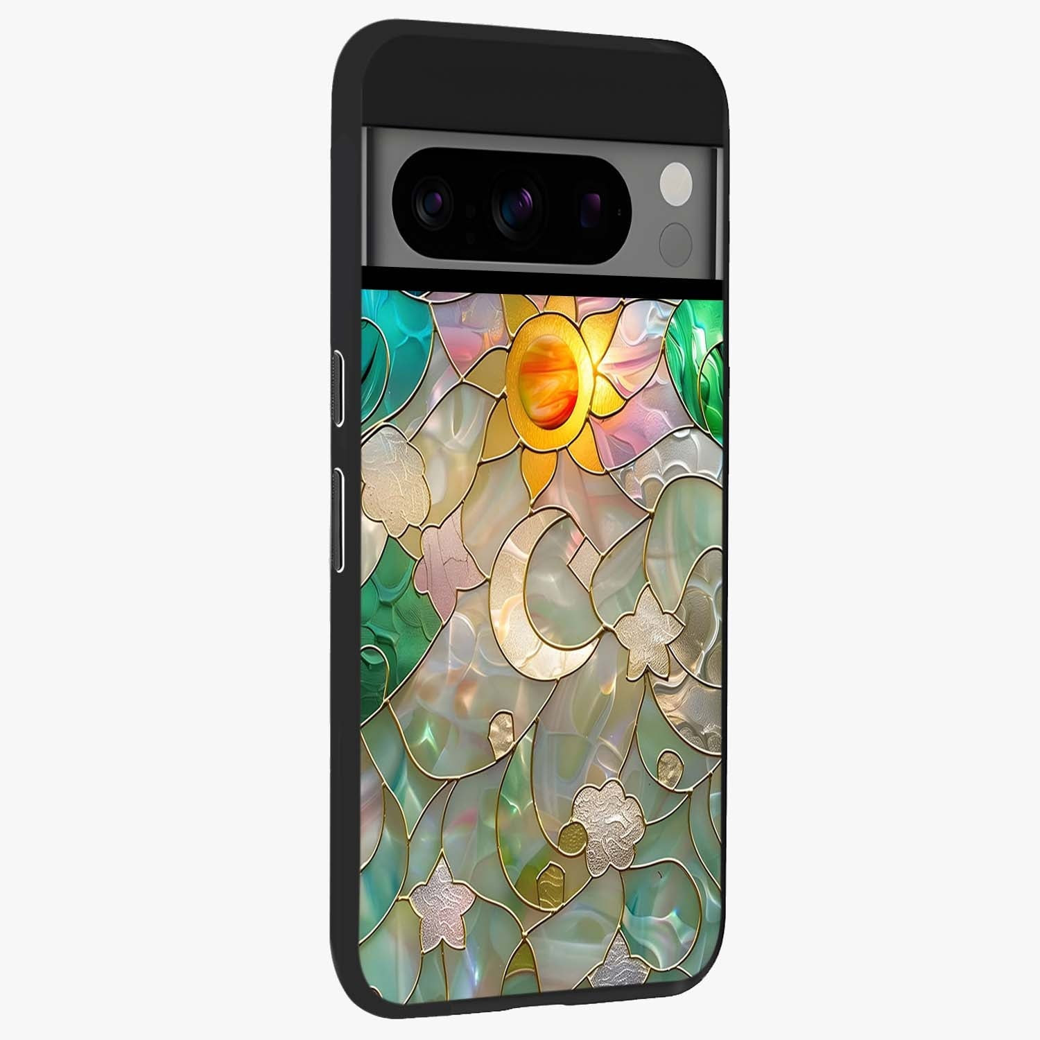 Stained Sunrise Glow Glass Case upright view showcasing colorful sunrise artwork with warm morning theme.