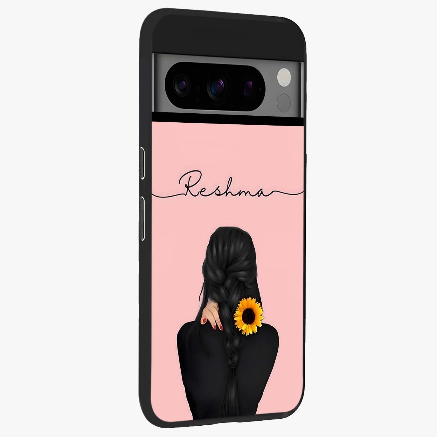Sunflower Braid Beauty With Custom Name Glass Case upright view showcasing bright sunflower artwork with personalized floral aesthetic.