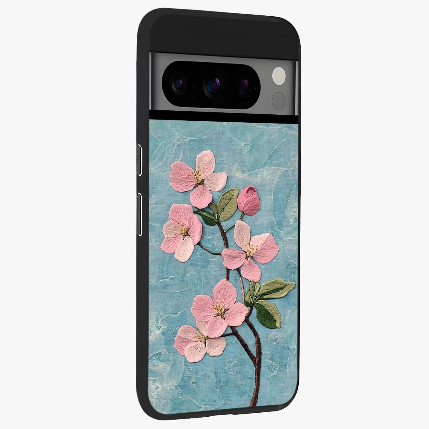 Threaded Blossom Breeze Glass Case upright view showcasing graceful flower artwork with calm botanical theme.
