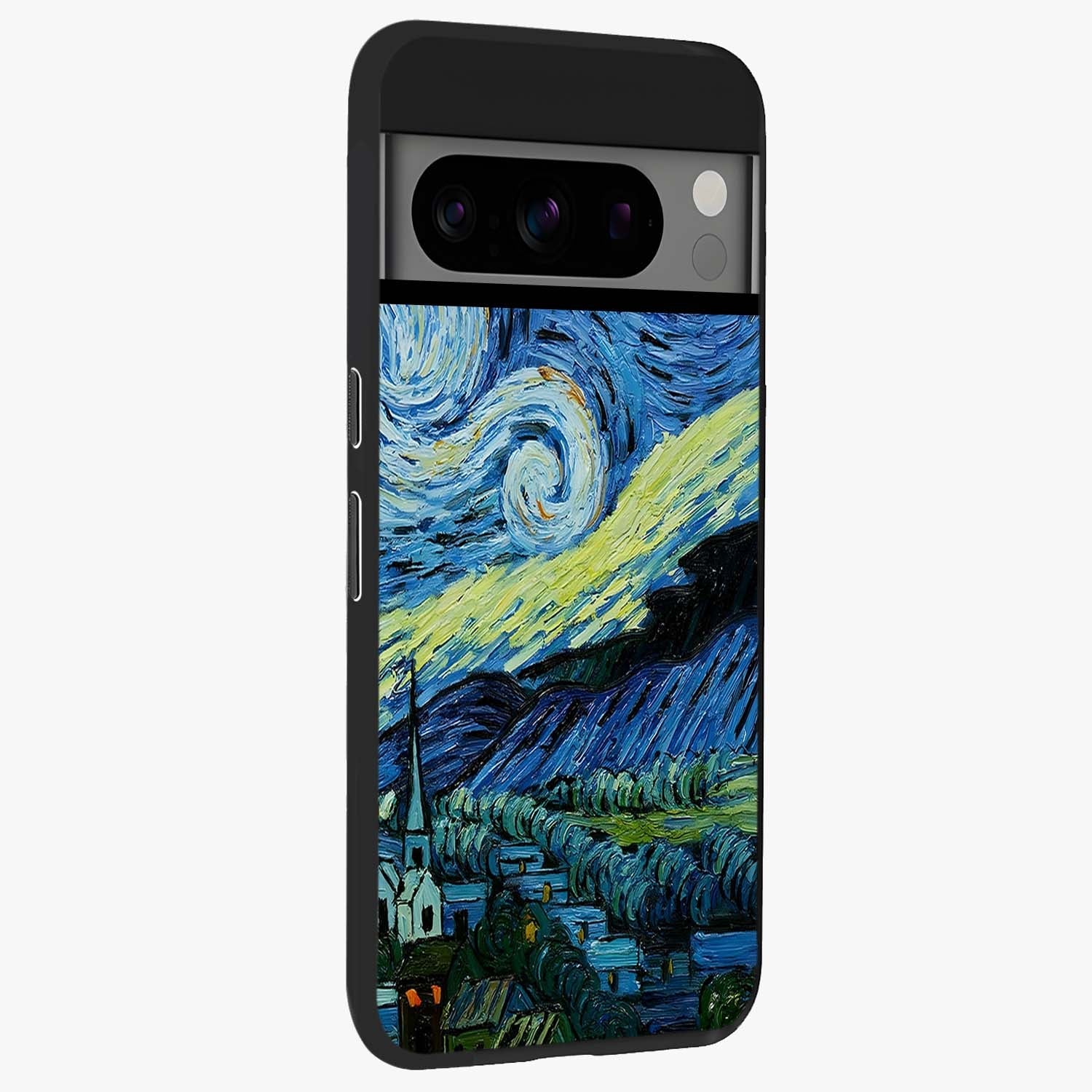 Van Gogh Art Glass Case upright view showcasing expressive painting style artwork with timeless artistic theme.