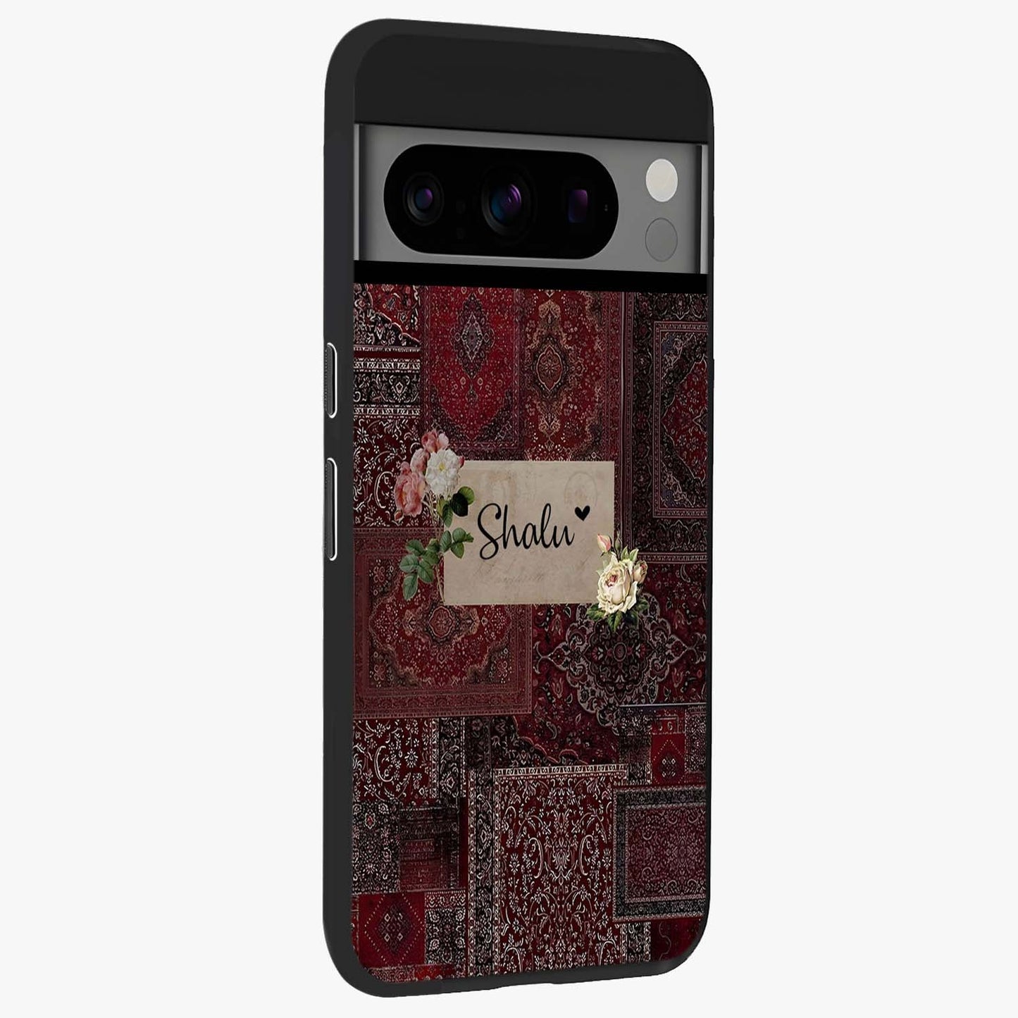Velvet Wine Pattern Custom Name Glass Case upright view showcasing luxurious wine toned artwork with personalized aesthetic.