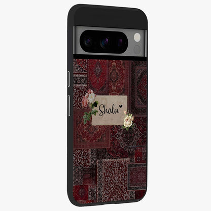 Velvet Wine Pattern Custom Name Glass Case upright view showcasing luxurious wine toned artwork with personalized aesthetic.