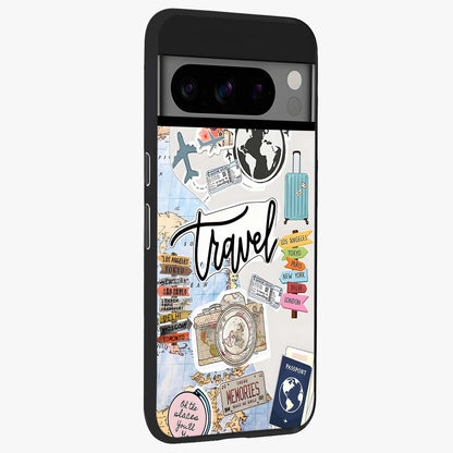 Wanderlust Journal Glass Case upright view showcasing wanderlust inspired artwork with creative exploration theme.