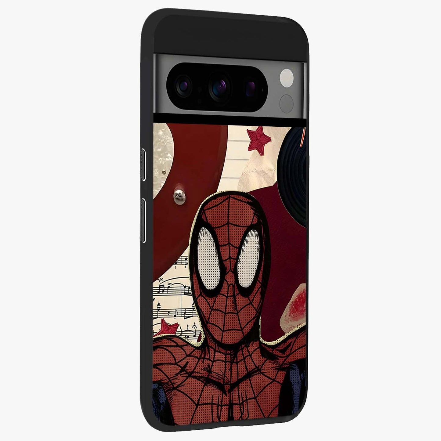 Web Warrior Vibes Glass Case upright view showcasing energetic superhero artwork with bold action theme.