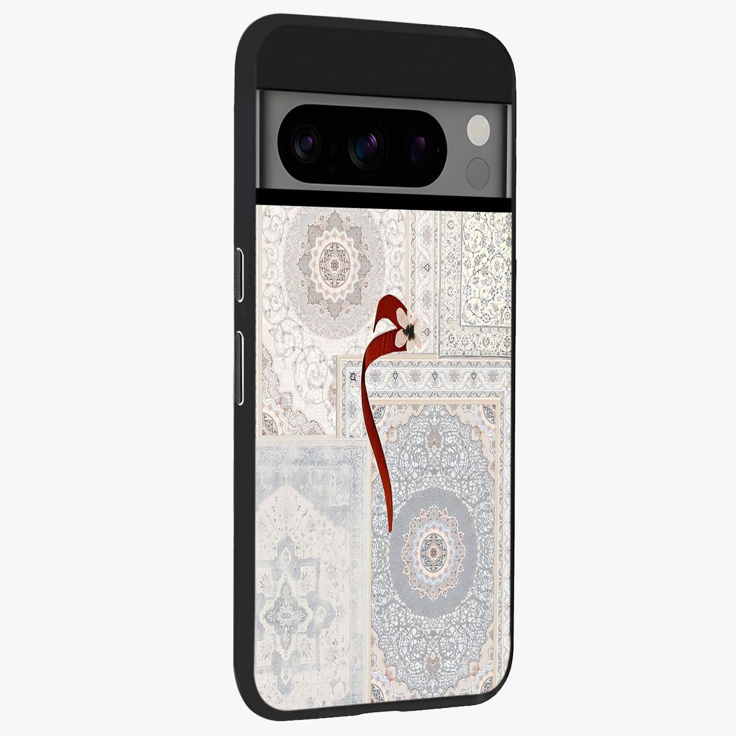 White Aesthetic Bow Glass Case upright view showcasing delicate ribbon bow artwork with cute minimalist theme.