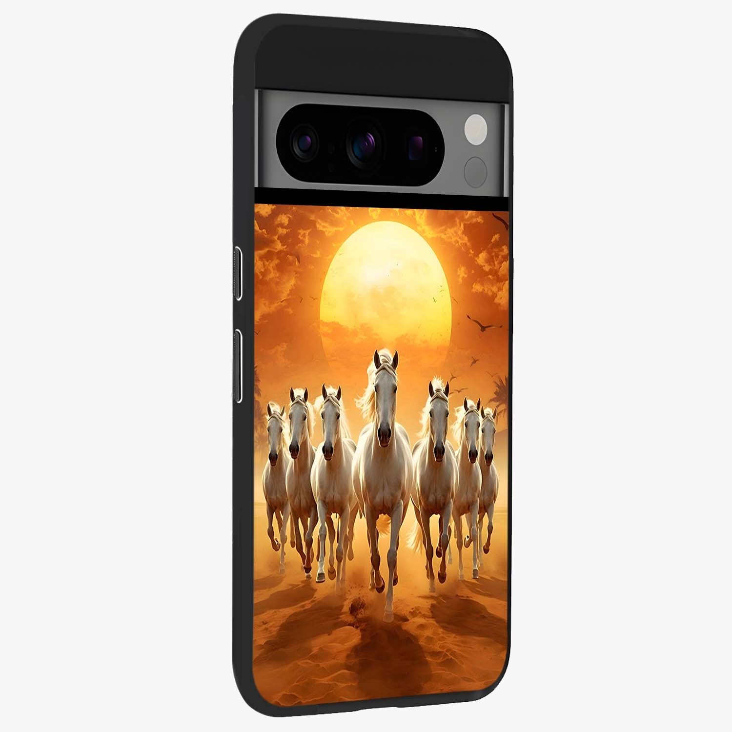 Wild Sunset Majesty Glass Case upright view showcasing dramatic sunset artwork with bold nature theme.