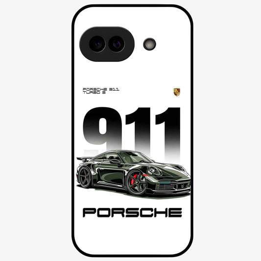 911 Turbo Dominance Glass Case showing clean flat back view with bold 911 sports car artwork and glossy glass finish.