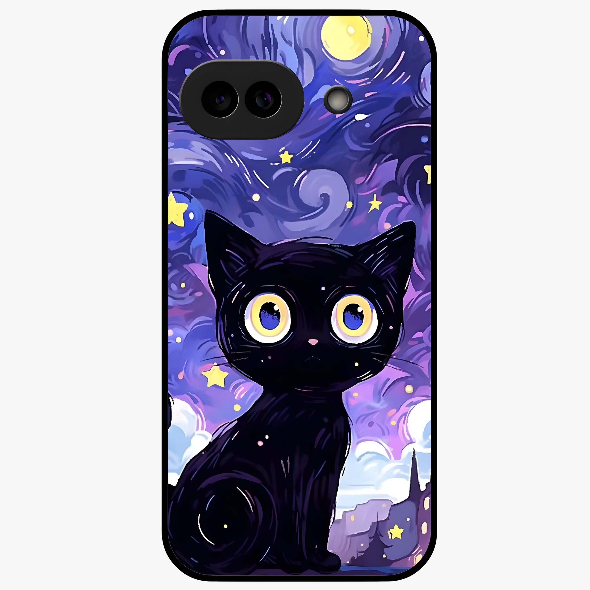 Abstract Cat Art Glass Case showing flat back view with artistic cat illustration and glossy glass finish.