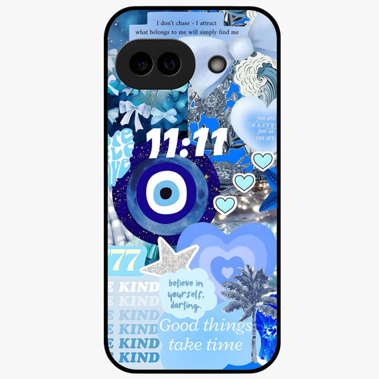 Aesthetic Be Kind Eye Glass Case showing flat back view with motivational eye artwork and glossy glass finish.