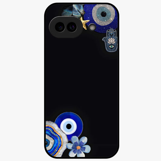 Aesthetic Blue Evil Eye Glass Case showing flat back view with protective evil eye artwork and glossy glass finish.