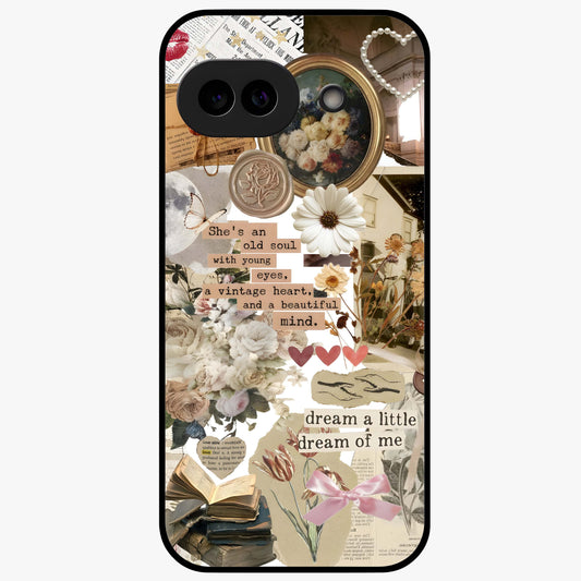 Aesthetic Brown Vintage Collage Glass Case showing flat back view with retro collage artwork and glossy glass finish.