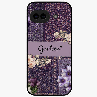 Antique Floral Whisper Custom Name Glass Case showing flat back view with vintage floral artwork and personalized name design.