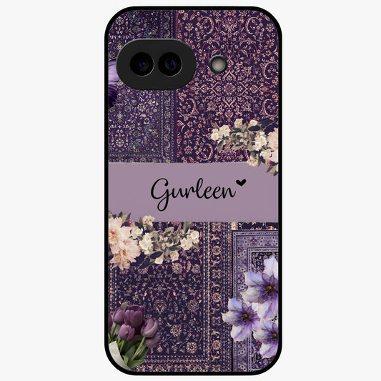 Antique Floral Whisper Custom Name Glass Case showing flat back view with vintage floral artwork and personalized name design.