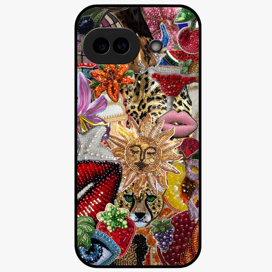 Beaded Fashion Jungle Glass Case showing flat back view with vibrant jungle inspired bead artwork and glossy glass finish.