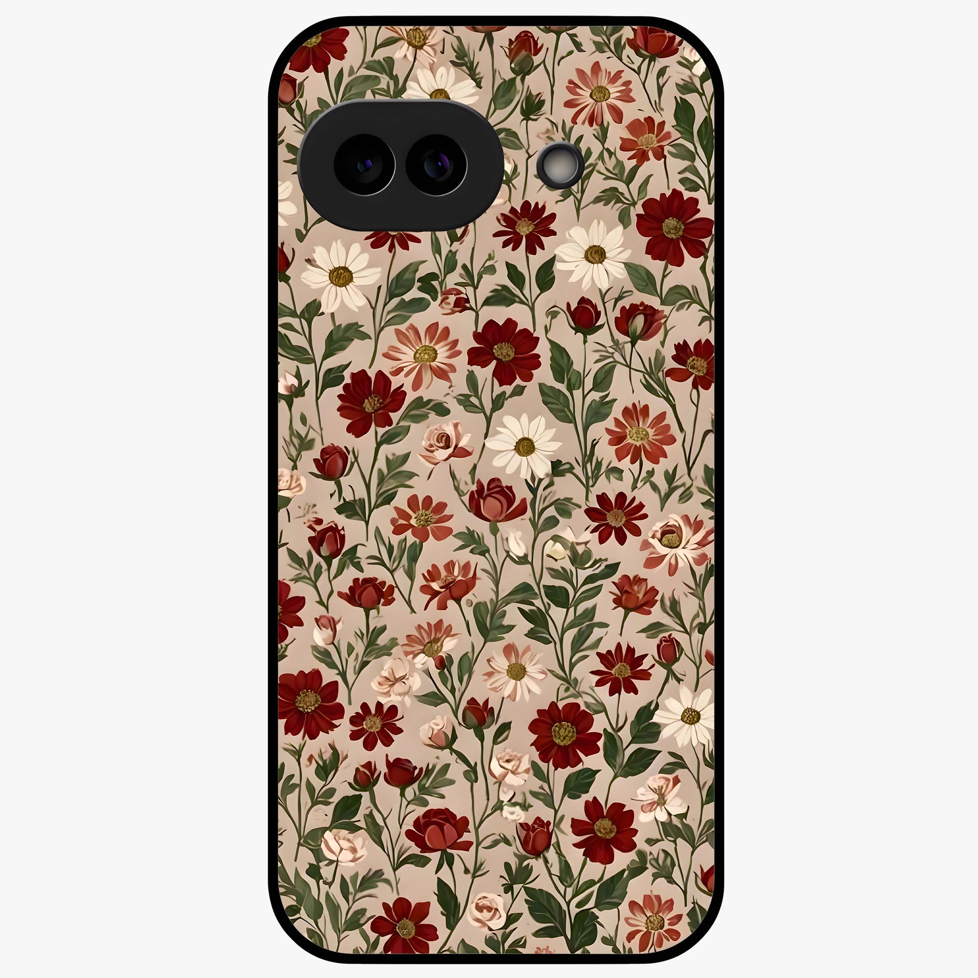 Biege Flower With Leaf Glass Case showing flat back view with soft beige floral artwork and glossy glass finish.