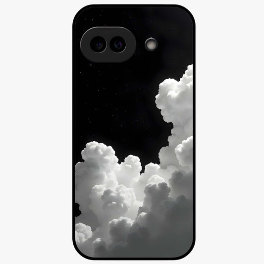 Black Background With White Cloud Glass Case showing flat back view with minimal cloud artwork on dark background and glossy glass finish.