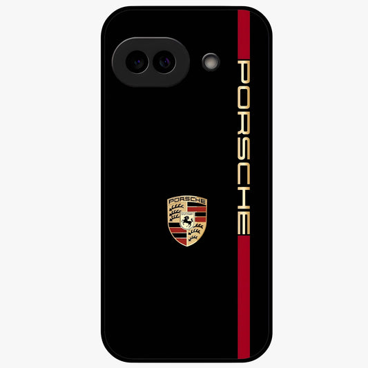 Black Minimal Porsche Glass Case showing flat back view with sleek minimal sports car artwork and glossy glass finish.
