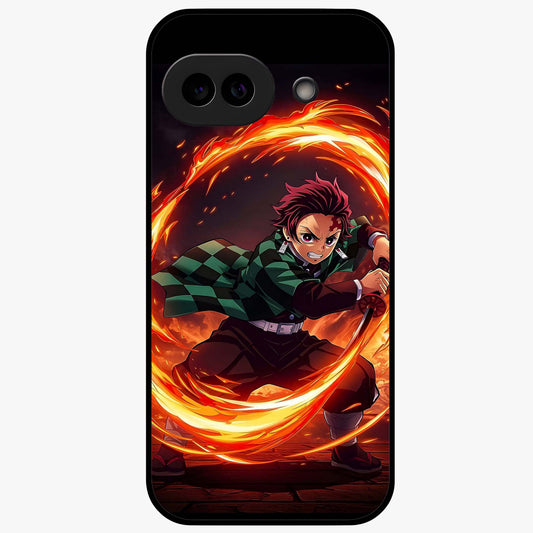 Blazing Sword Resolve Glass Case showing flat back view with fiery sword artwork and glossy glass finish.