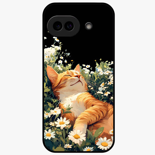 Blissful Bloom Cat Glass Case showing flat back view with cute cat and floral bloom artwork and glossy glass finish.