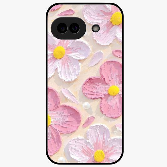 Blush Bloom Texture Glass Case showing flat back view with soft blush floral texture artwork and glossy glass finish.