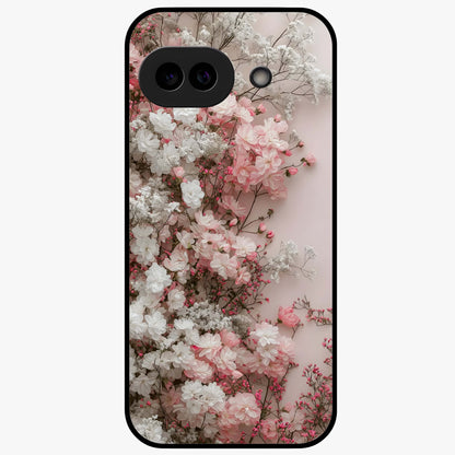 Blush Blossom Cloud Glass Case showing flat back view with dreamy blush cloud blossom artwork and glossy glass finish.