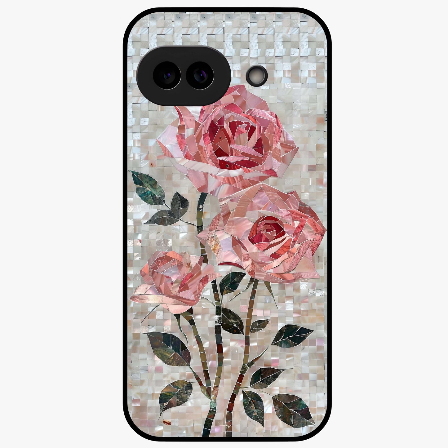 Blush Mosaic Bloom Glass Case showing flat back view with mosaic floral bloom artwork and glossy glass finish.