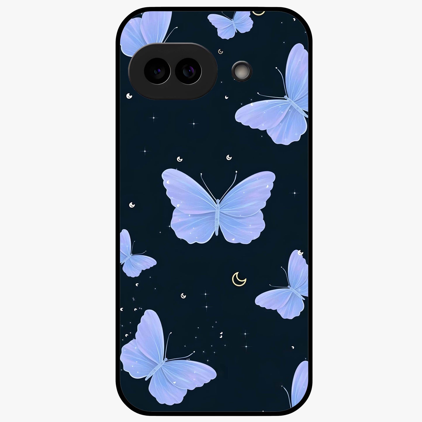 Butterfly With Stars Pattern Glass Case showing flat back view with butterfly and star pattern artwork and glossy glass finish.