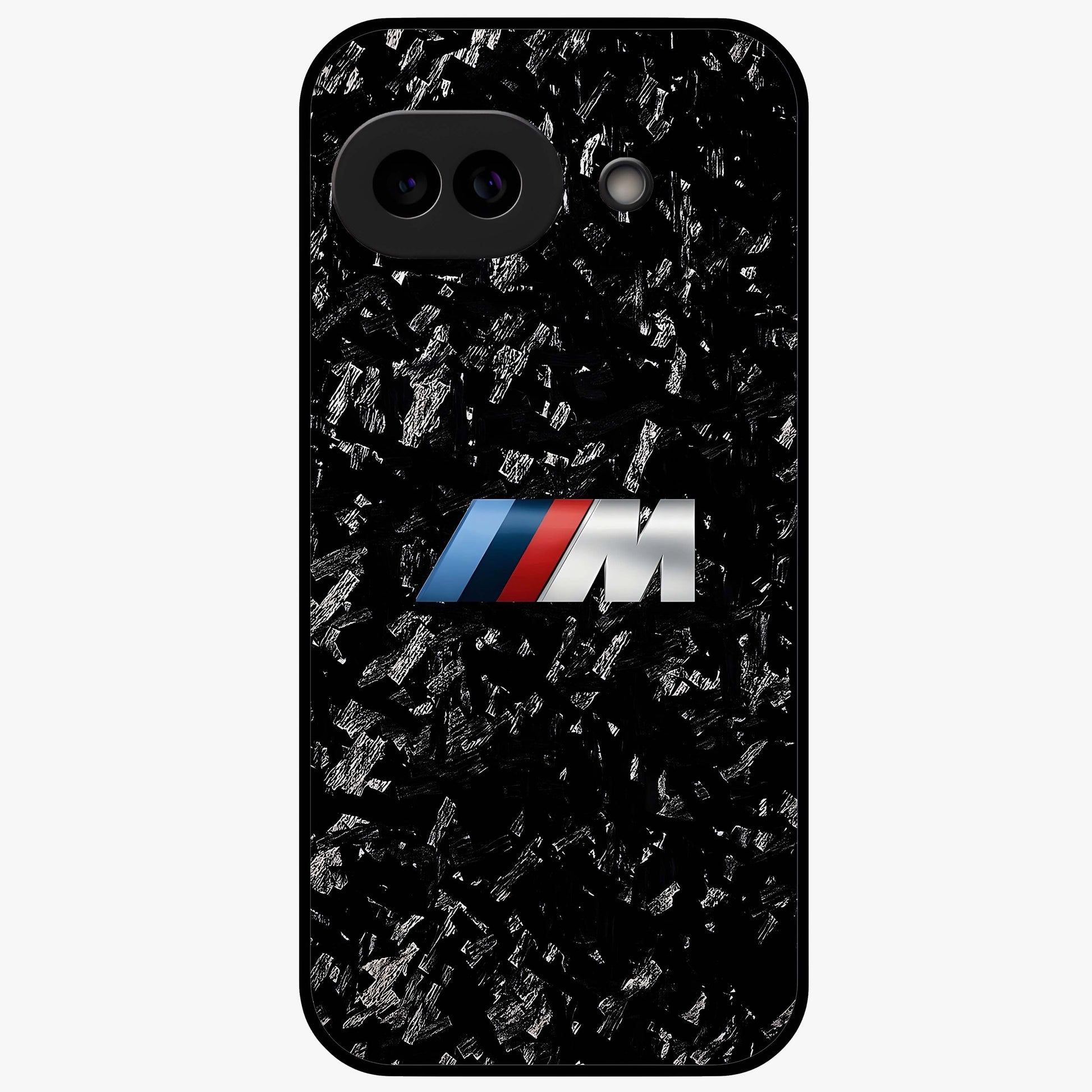 Carbon Speed Mark Glass Case showing flat back view with sporty carbon pattern artwork and glossy glass finish.