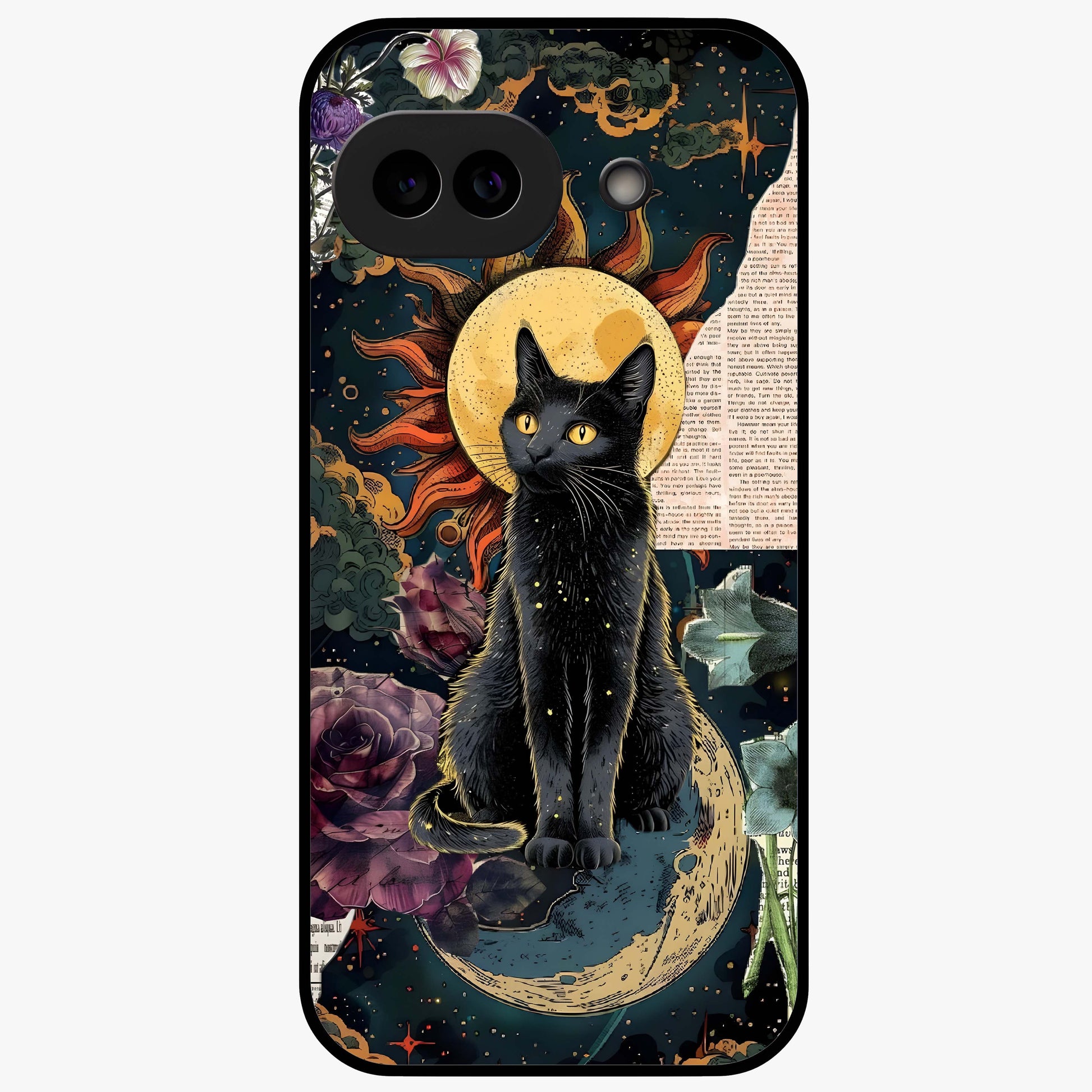 Celestial Black Cat Glass Case showing flat back view with mystical black cat artwork and glossy glass finish.