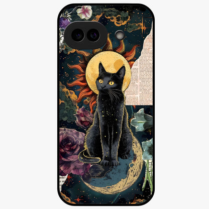 Celestial Black Cat Glass Case showing flat back view with mystical black cat artwork and glossy glass finish.